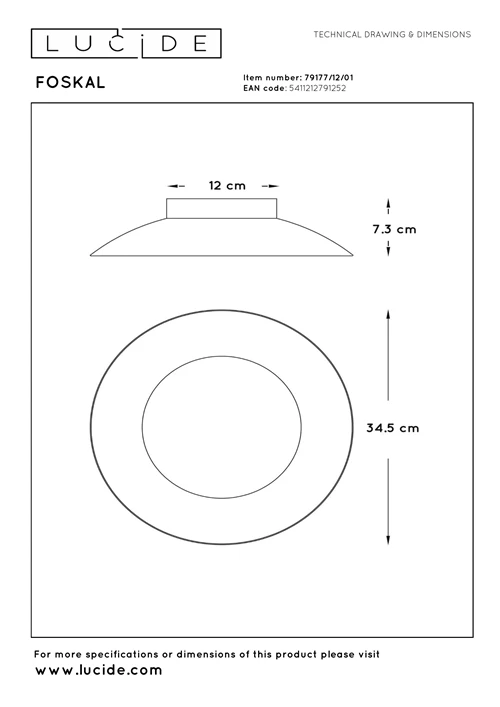 Lucide FOSKAL - Plafonnière - Ø 34,5 cm - LED - 1x12W 2700K - Messing - technisch